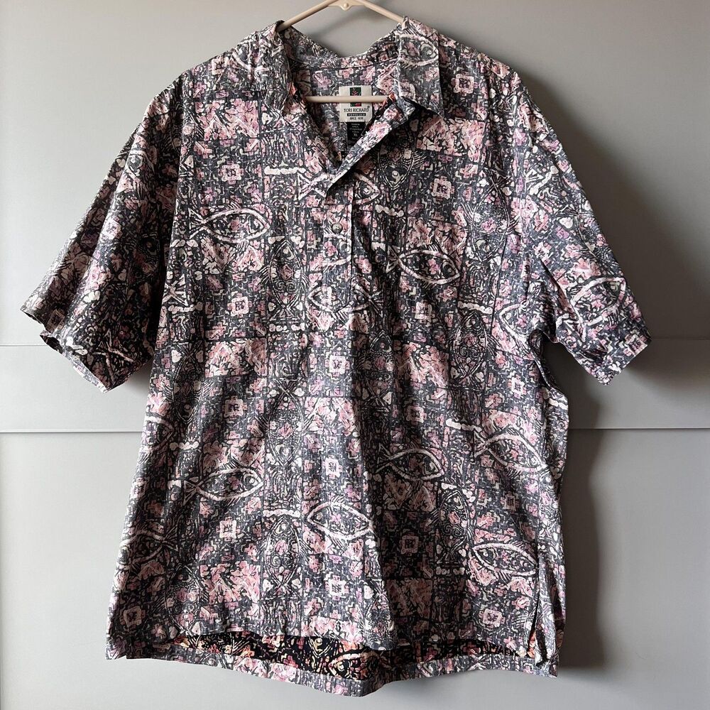 Tori Richard Shirt Mens XL Black Pink Fish Print Button Up USA Hawaiian Aloha‎